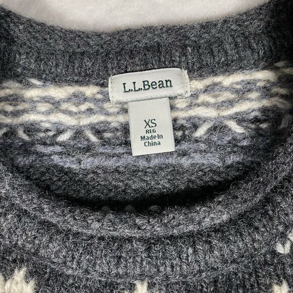 LL Bean Women’s XS Fair Isle Sweater Nordic Jumper Gray Lambs Wool Crewneck - Picture 3 of 8
